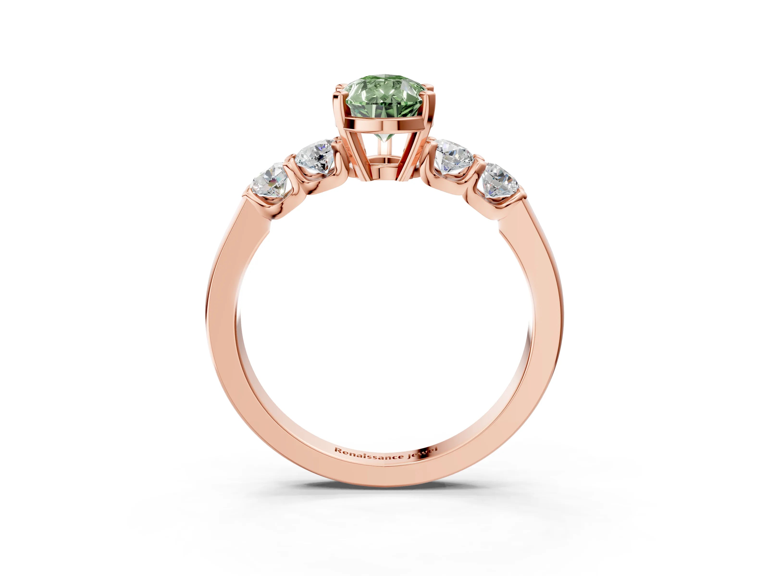 Rose gold Fancy Green Pear Cut Brilliant Diamond Five-Stone Engagement Ring with Prong Setting on a Classic Band_6