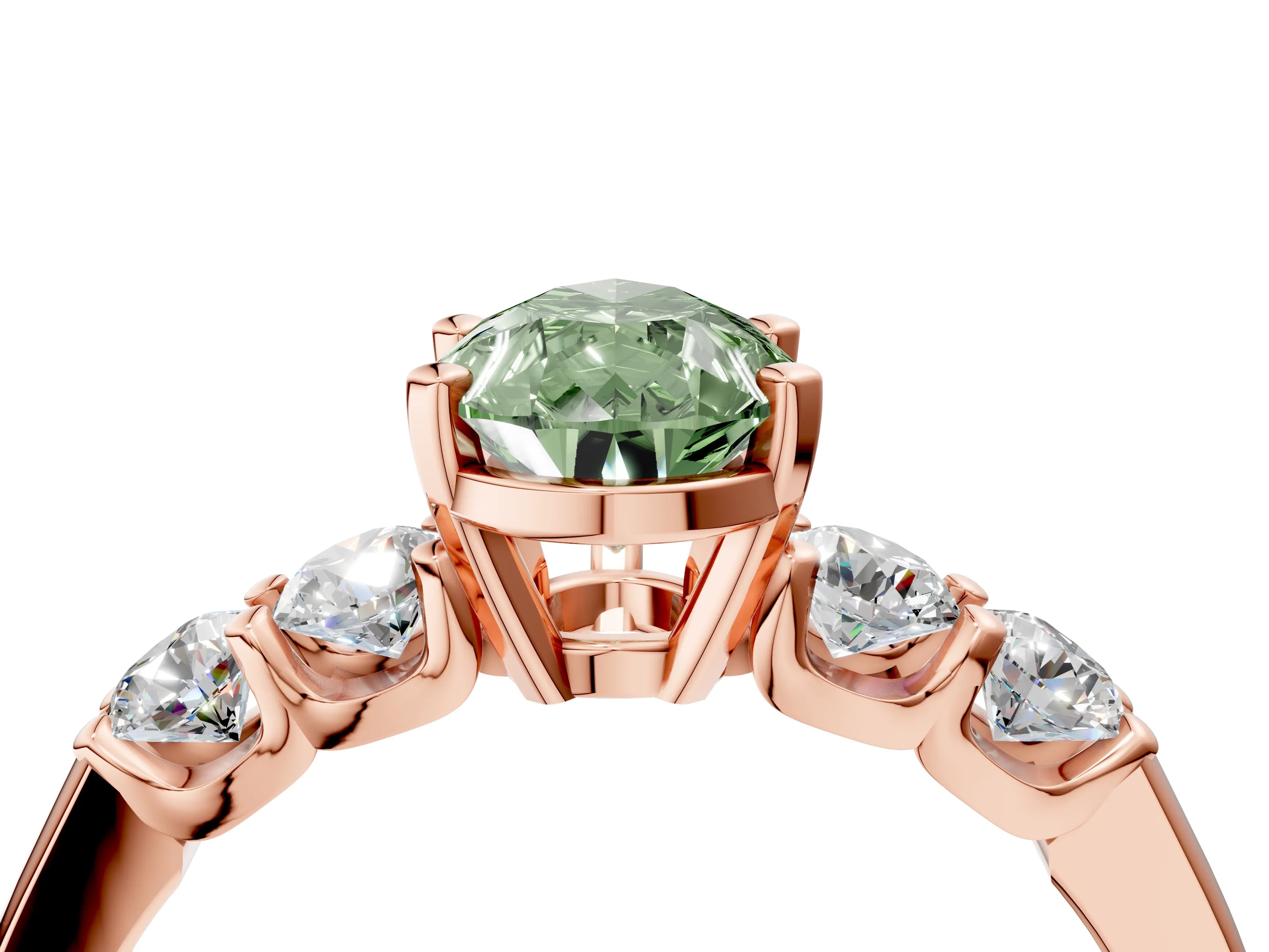 Rose gold Fancy Green Pear Cut Brilliant Diamond Five-Stone Engagement Ring with Prong Setting on a Classic Band_7