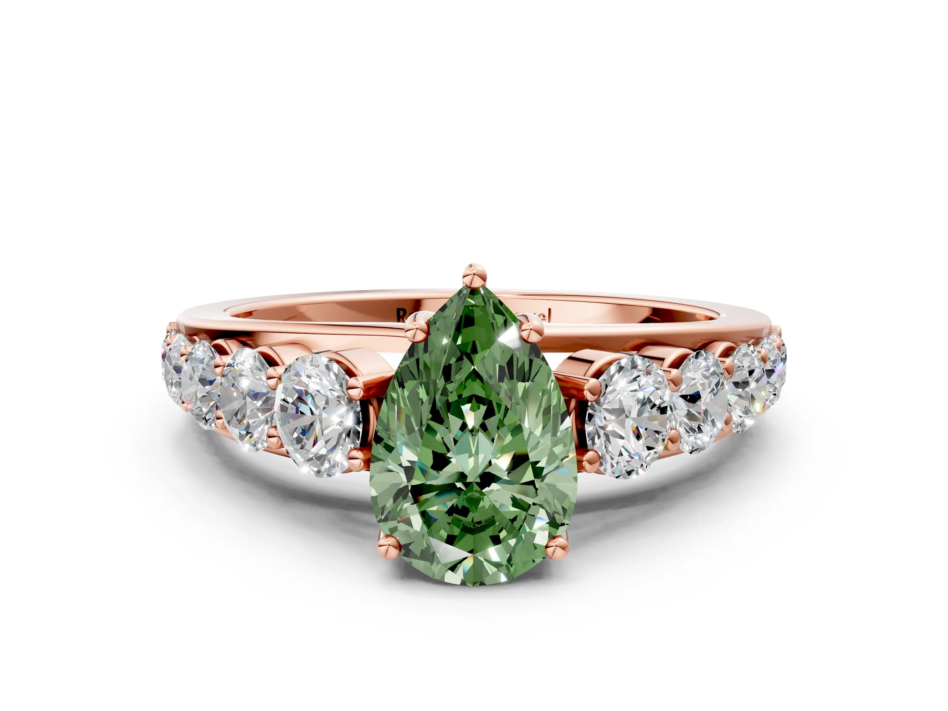 Rose gold Fancy Green Pear Cut Brilliant Diamond Pavé Band with Six-Prong Setting