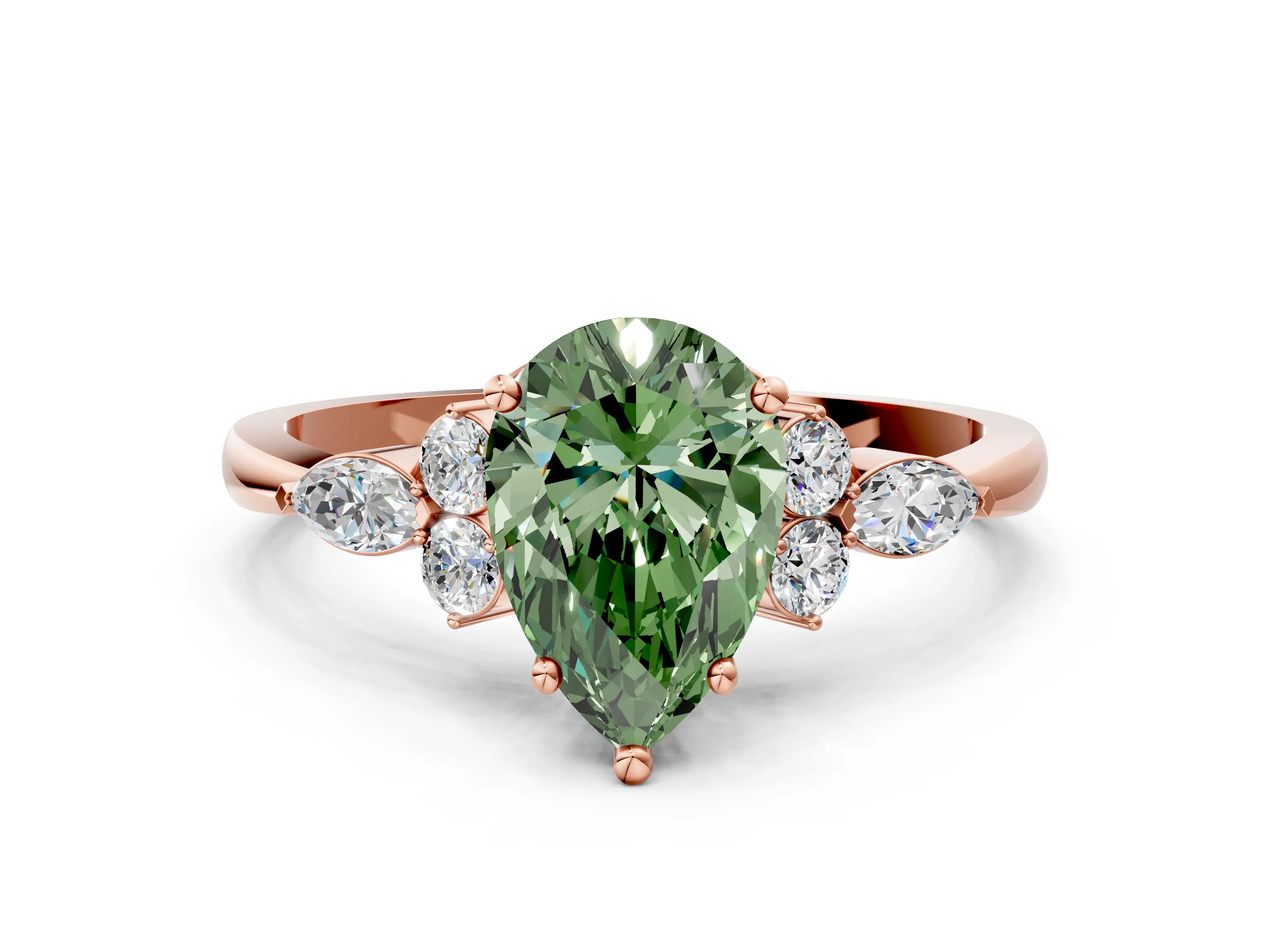 Rose gold Fancy Green Pear Cut Brilliant Diamond Solitaire Ring with Pear Side Stones and Four-Prong Setting_3