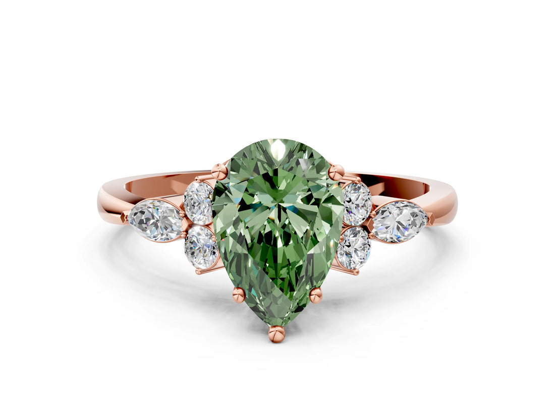 Rose gold Fancy Green Pear Cut Brilliant Diamond Solitaire Ring with Pear Side Stones and Four-Prong Setting_3