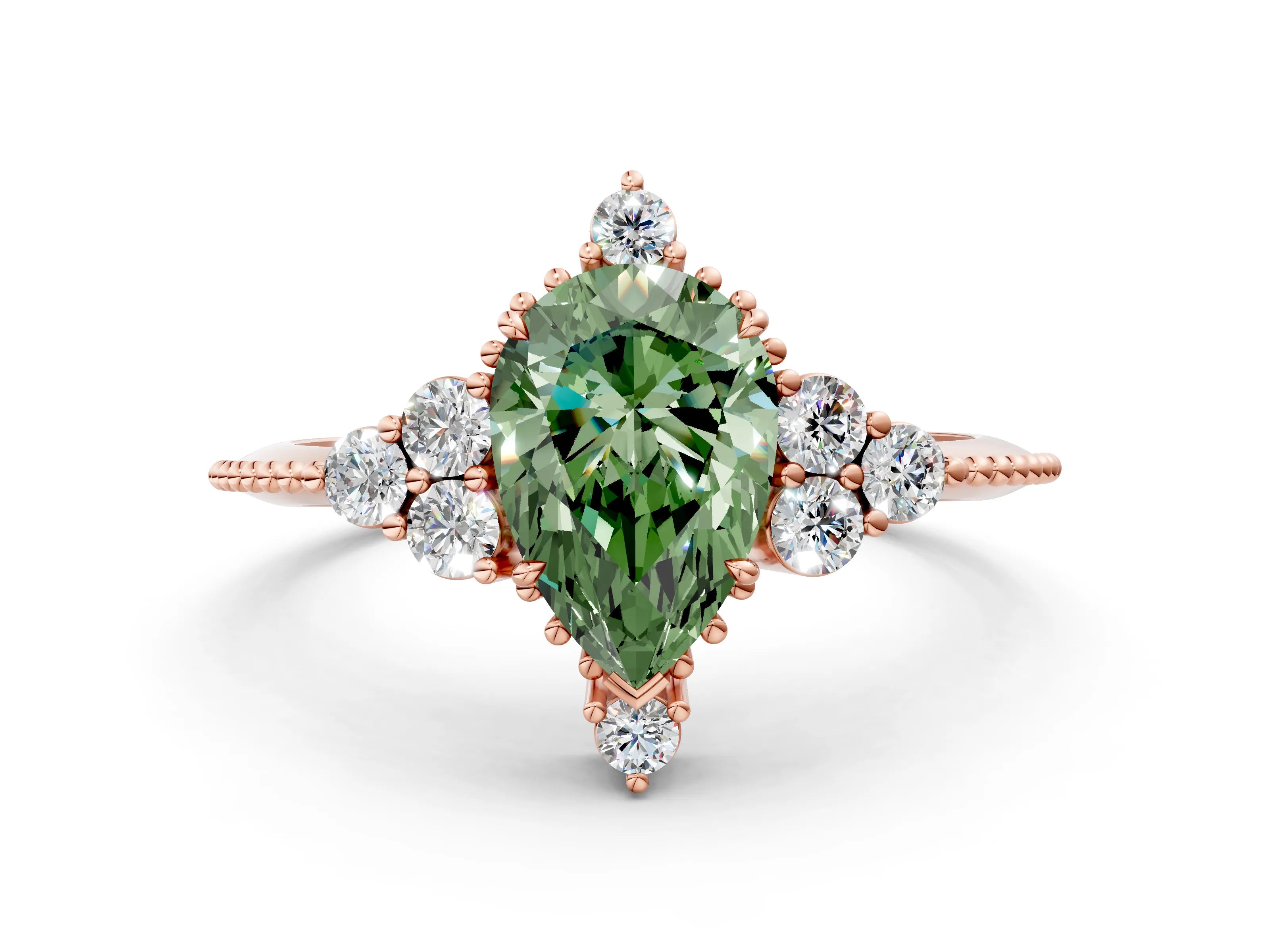 Rose gold Fancy Green Pear Cut Brilliant Diamond with Cluster Setting on a Beaded Band and Four-Prong Setting