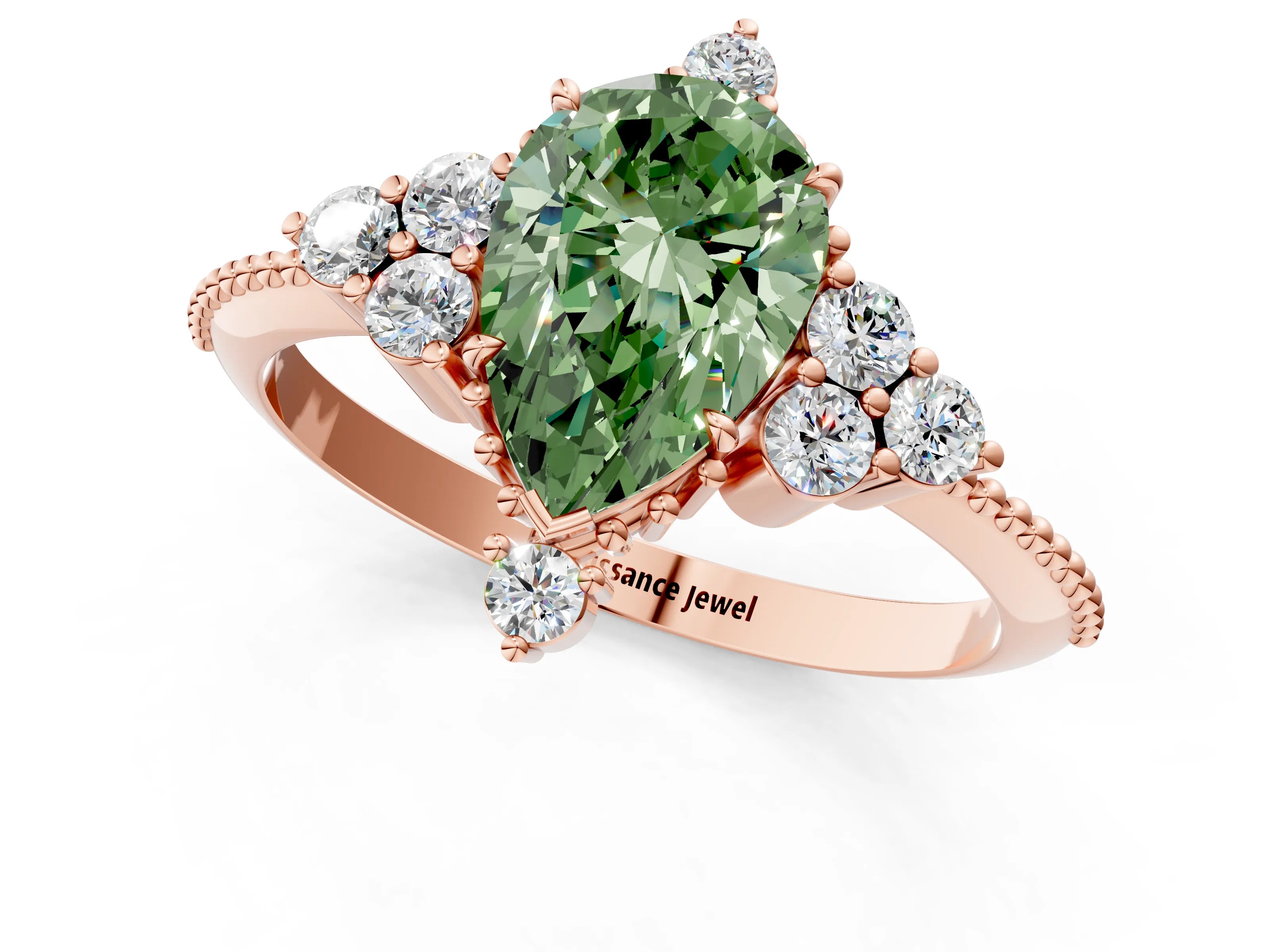 Rose gold Fancy Green Pear Cut Brilliant Diamond with Cluster Setting on a Beaded Band and Four-Prong Setting_1