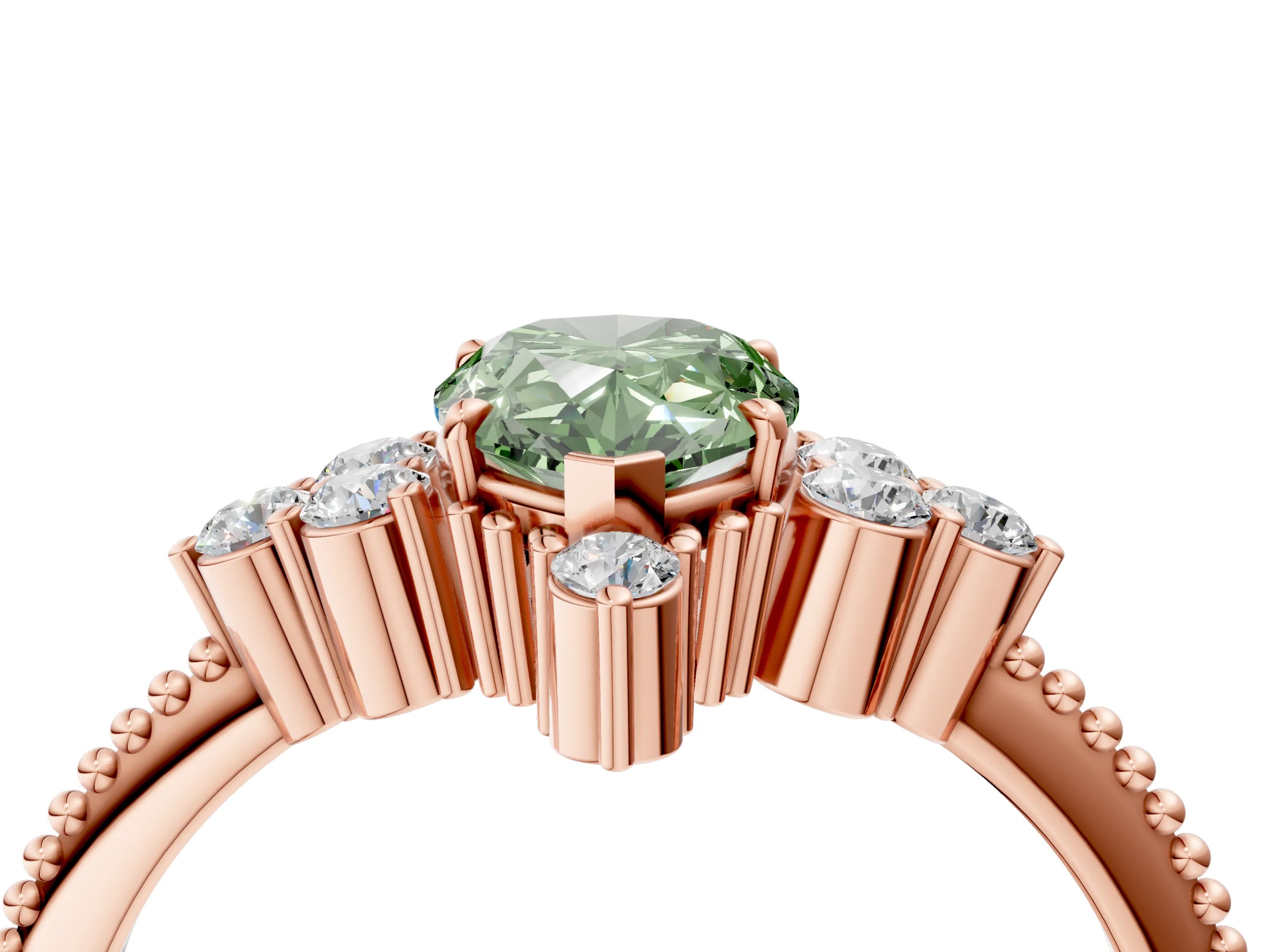 Rose gold Fancy Green Pear Cut Brilliant Diamond with Cluster Setting on a Beaded Band and Four-Prong Setting_4