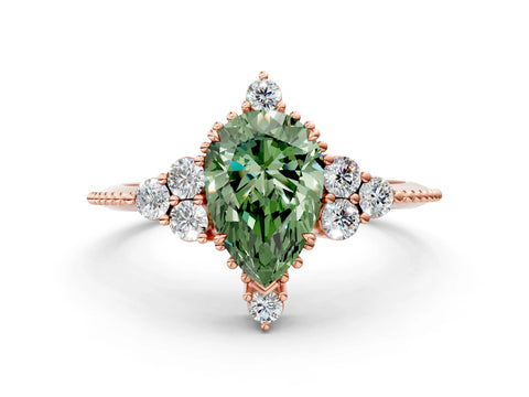 Rose gold Fancy Green Pear Cut Brilliant Diamond with Cluster Setting on a Beaded Band and Four-Prong Setting