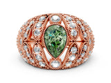 Rose gold Fancy Green Pear Cut Brilliant Halo Pave Diamond Milgrain Ring