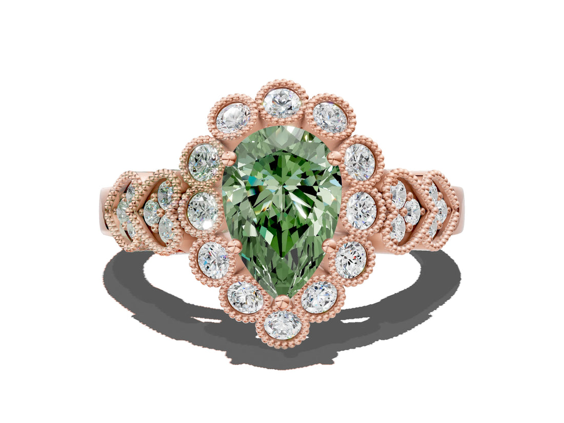 Rose gold Fancy Green Pear Cut Brilliant Milgrain Pave Heart Band Solitaire Ring