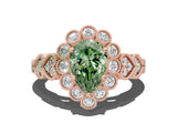Rose gold Fancy Green Pear Cut Brilliant Milgrain Pave Heart Band Solitaire Ring