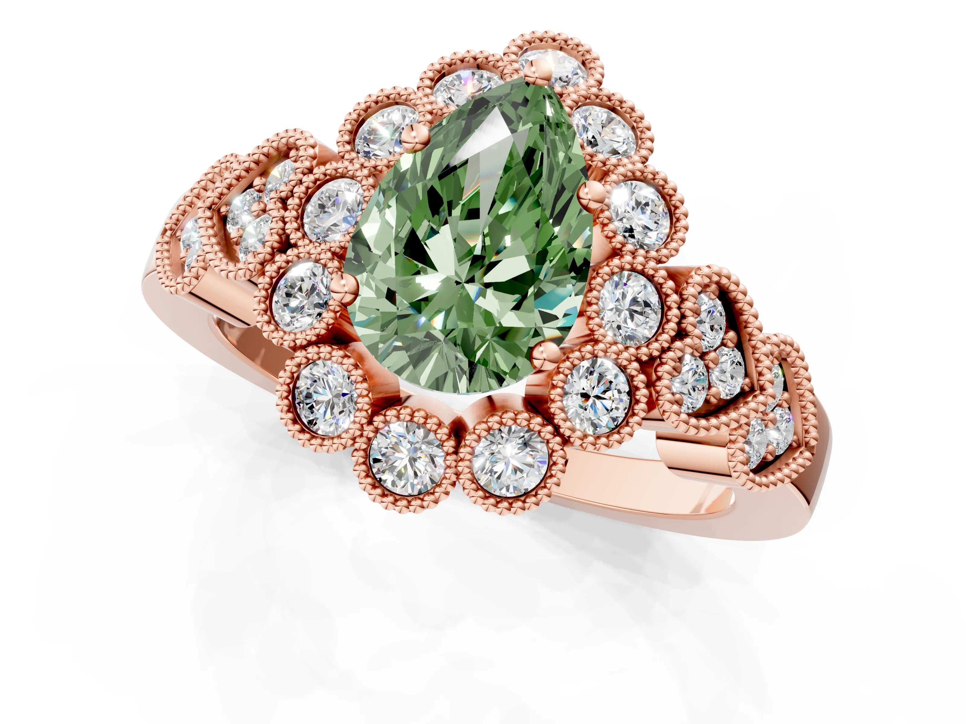 Rose gold Fancy Green Pear Cut Brilliant Milgrain Pave Heart Band Solitaire Ring_1