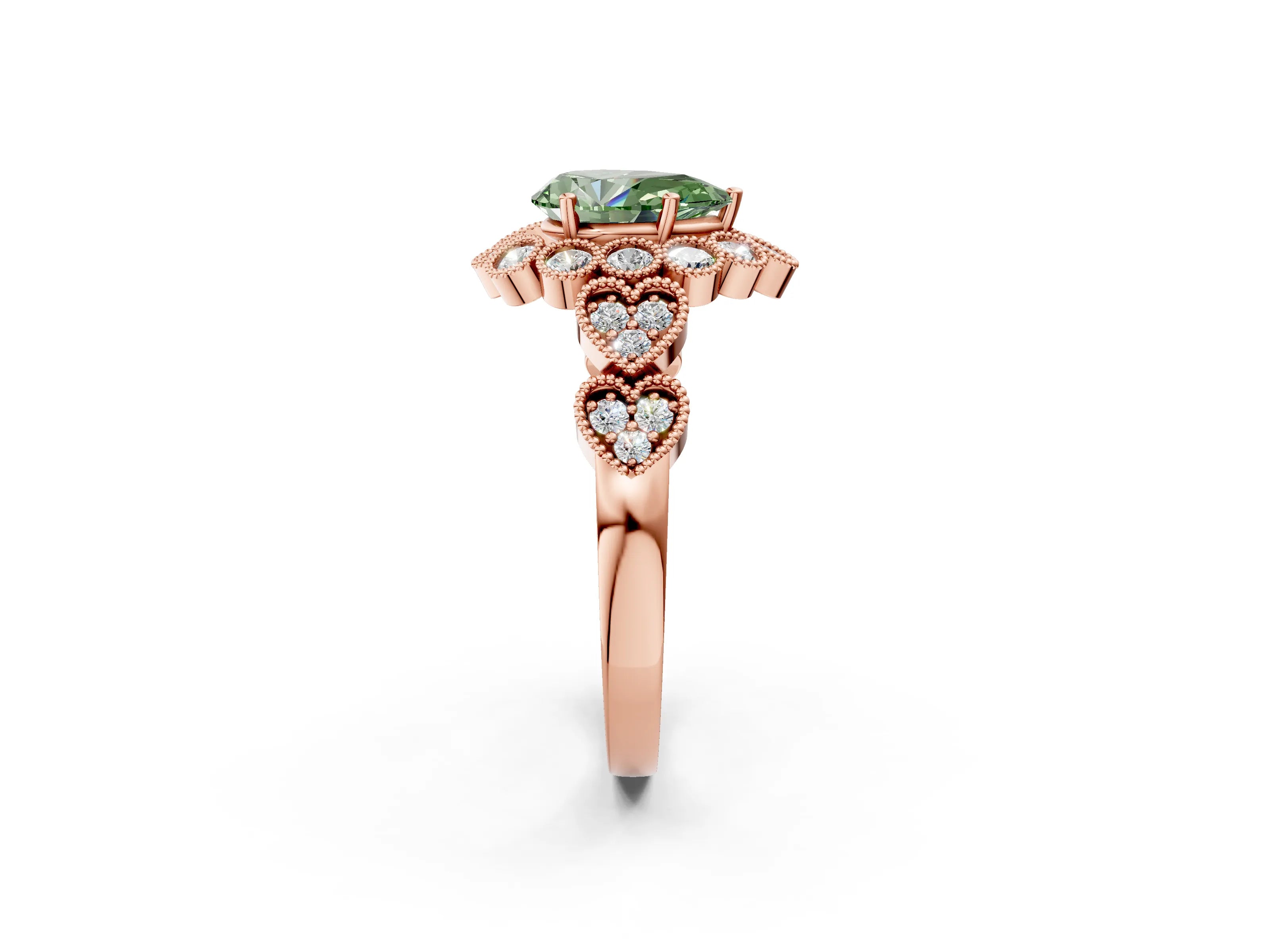 Rose gold Fancy Green Pear Cut Brilliant Milgrain Pave Heart Band Solitaire Ring_2