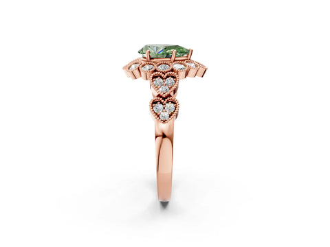 Rose gold Fancy Green Pear Cut Brilliant Milgrain Pave Heart Band Solitaire Ring_2