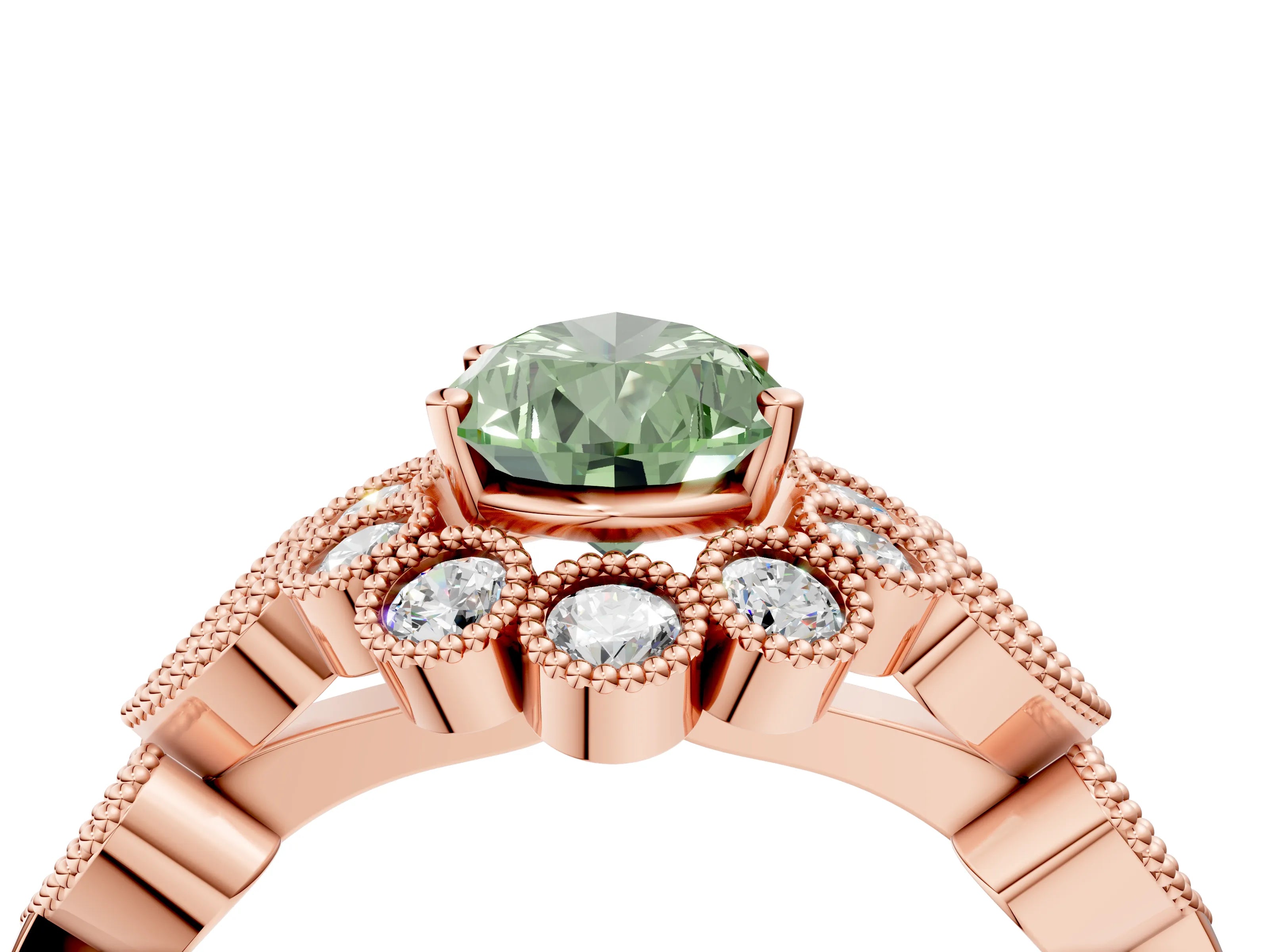 Rose gold Fancy Green Pear Cut Brilliant Milgrain Pave Heart Band Solitaire Ring_4