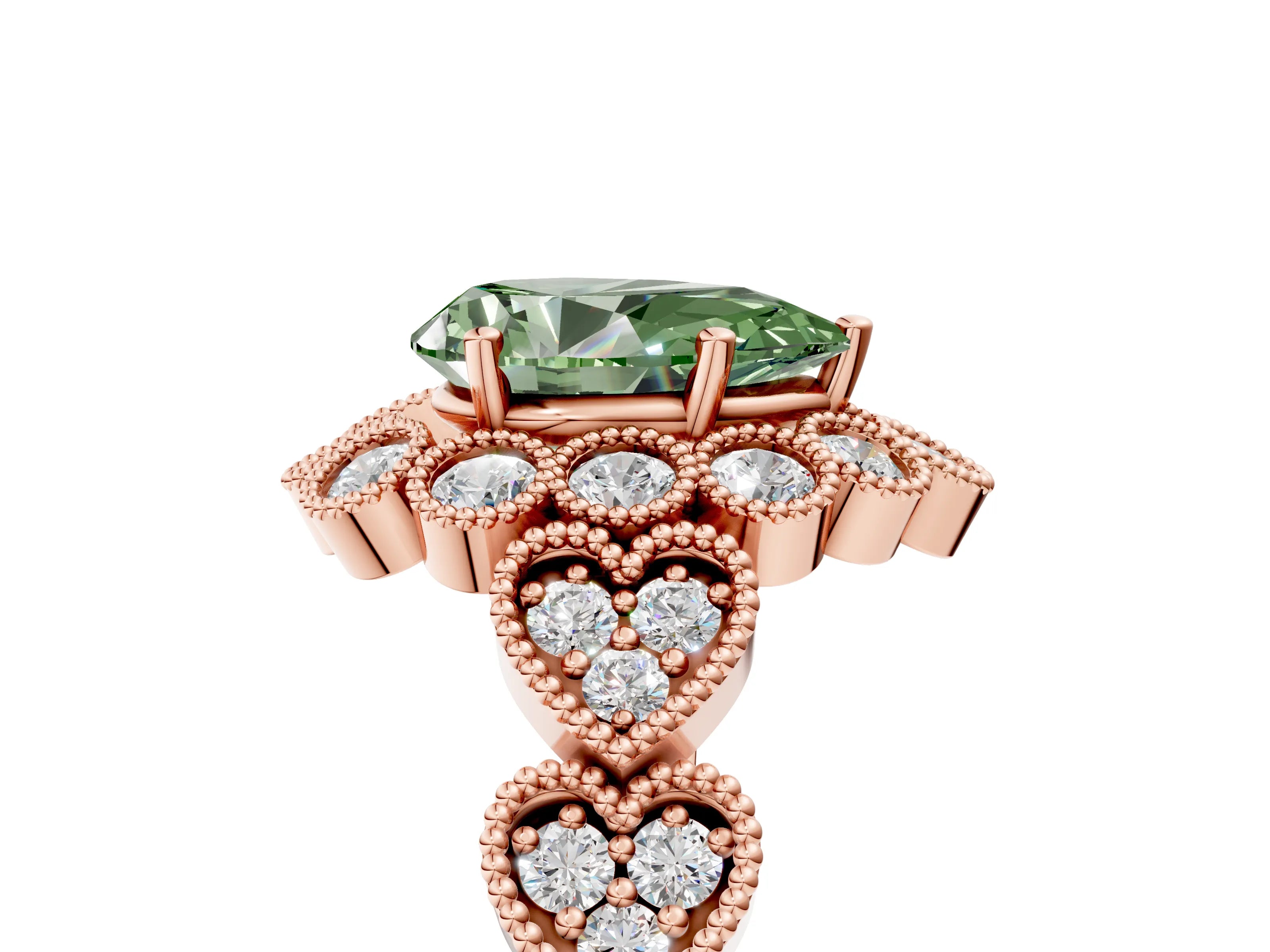Rose gold Fancy Green Pear Cut Brilliant Milgrain Pave Heart Band Solitaire Ring_5