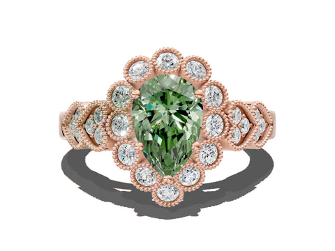 Rose gold Fancy Green Pear Cut Brilliant Milgrain Pave Heart Band Solitaire Ring