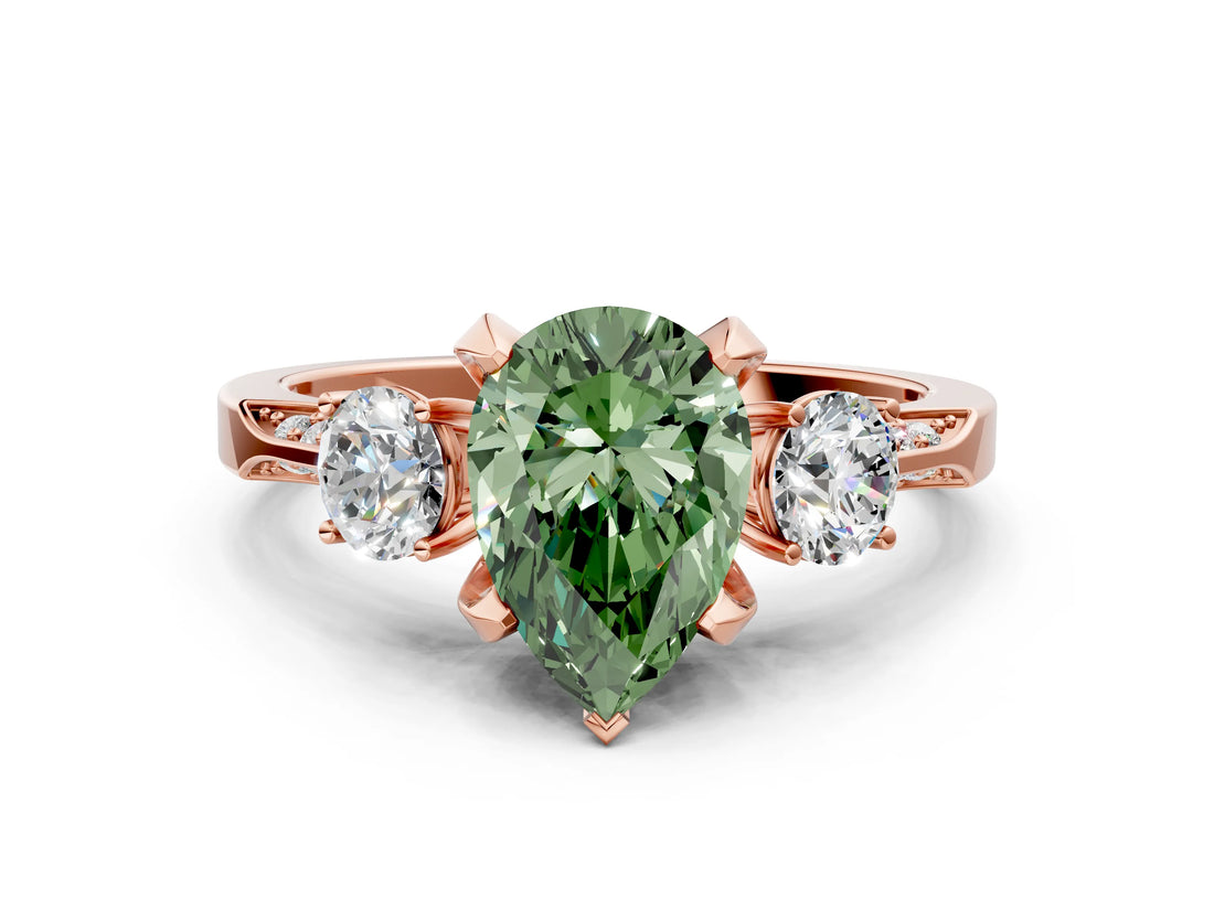 Rose gold Fancy Green Pear Cut Brilliant Three-Stone Diamond Ring with Pavé Band and Four-Prong Setting_3