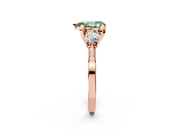 Rose gold Fancy Green Pear Cut Brilliant Three-Stone Diamond Ring with Pavé Band and Four-Prong Setting