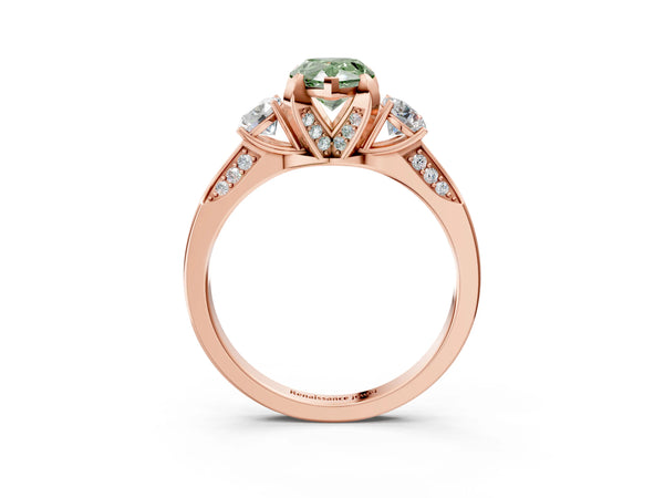 Rose gold Fancy Green Pear Cut Brilliant Three-Stone Diamond Ring with Pavé Band and Four-Prong Setting