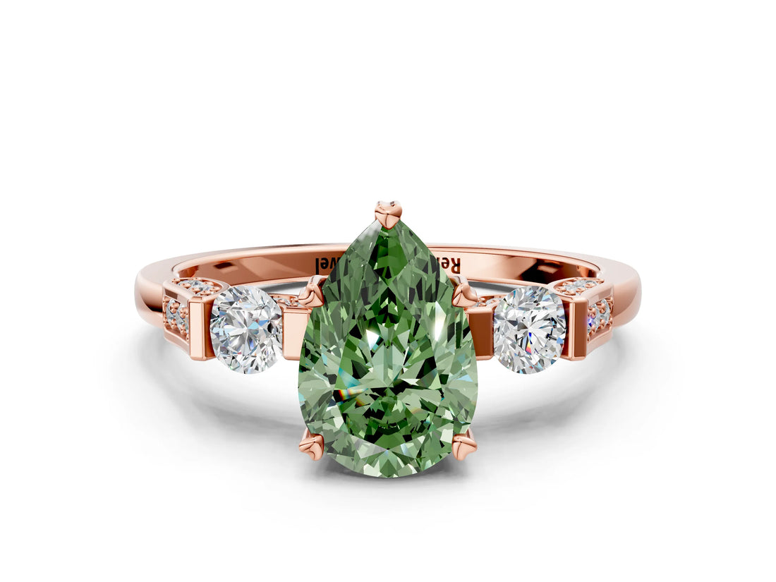 Rose gold Fancy Green Pear Cut Brilliant Three-Stone Pave Band with Four-Prong Setting