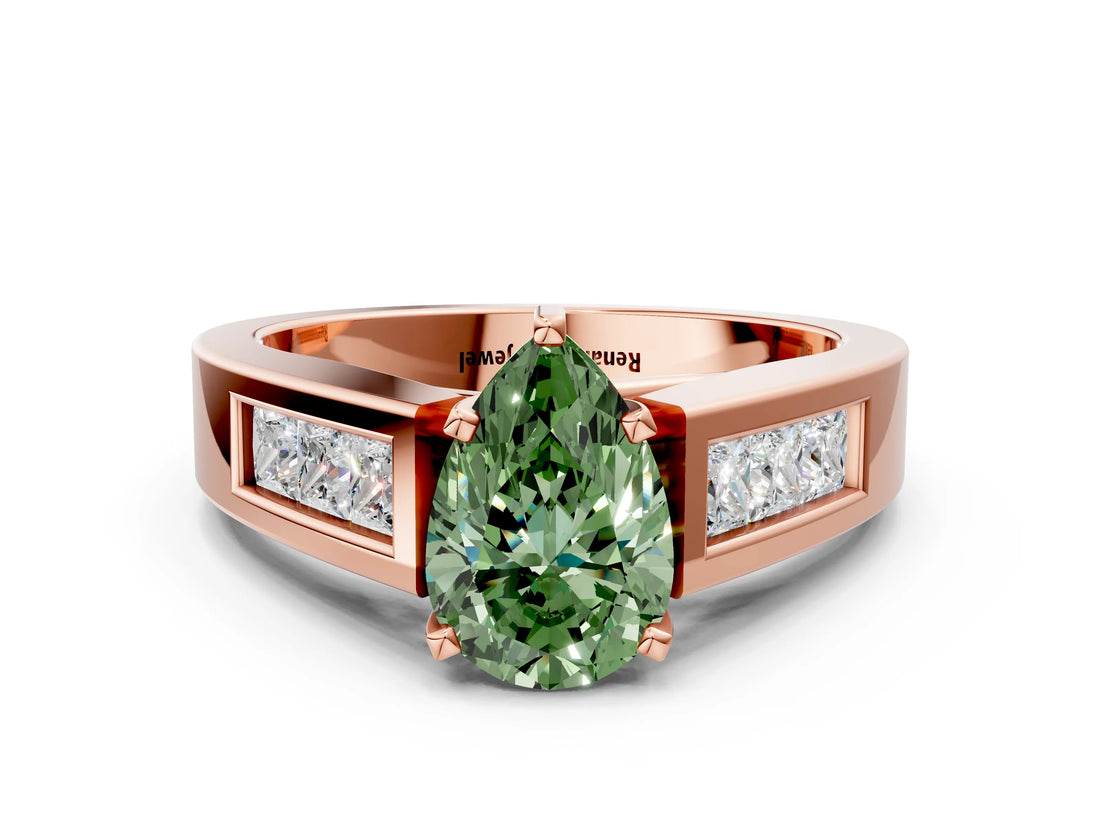 Rose gold Fancy Green Pear Cut Cut Channel Set Solitaire Ring with Four-Prong Setting