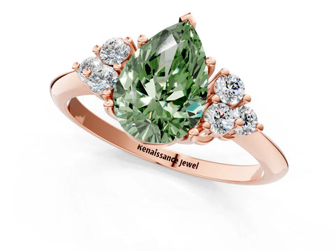 Rose gold Fancy Green Pear Cut Cut Diamond Cluster Ring with Solitaire Band and Four-Prong Setting_13