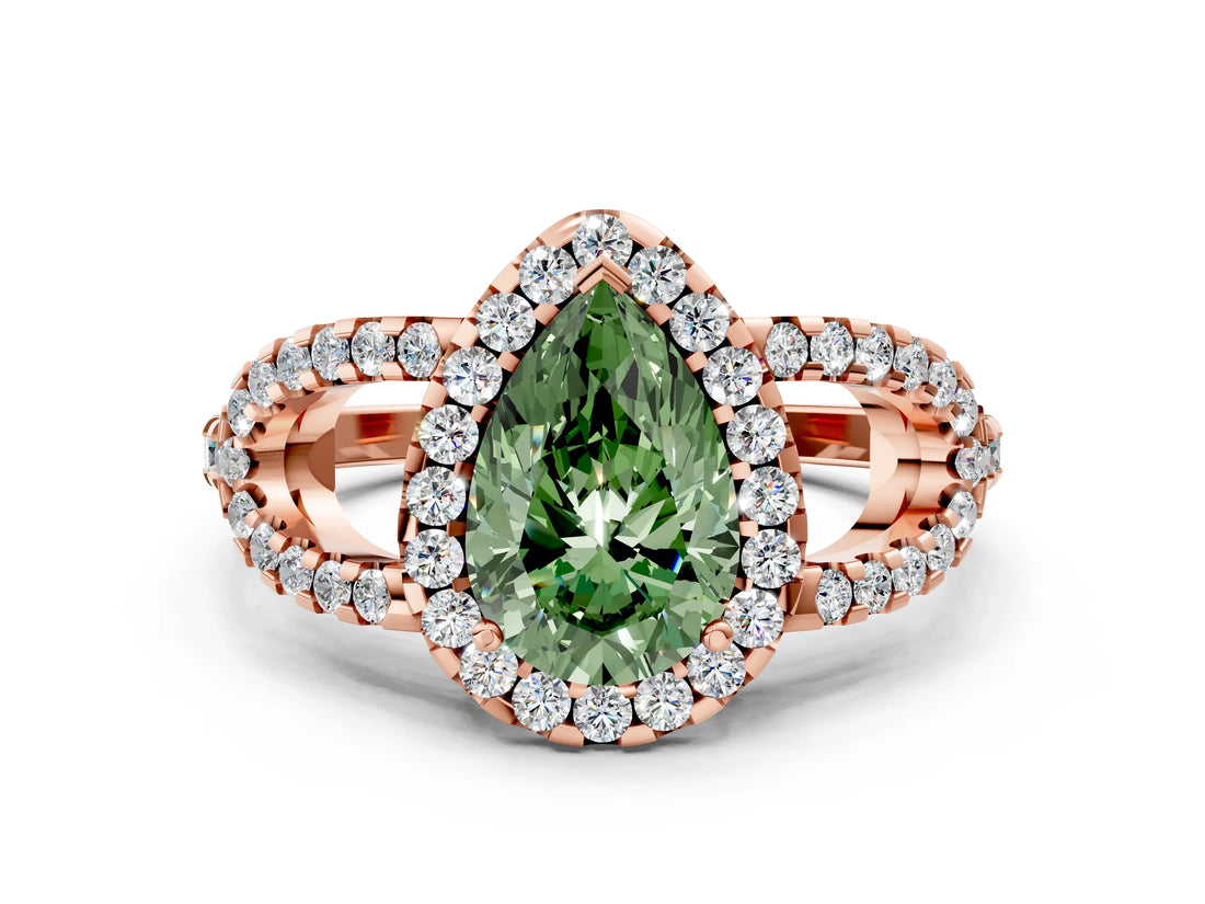 Rose gold Fancy Green Pear Cut Cut Diamond Halo Engagement Ring with Open Split Pavé Band