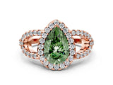 Rose gold Fancy Green Pear Cut Cut Diamond Halo Engagement Ring with Open Split Pavé Band