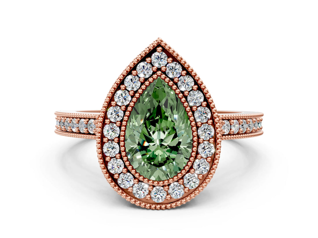 Rose gold Fancy Green Pear Cut-Cut Diamond Halo Engagement Ring with Pave Band and Prong Setting