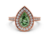 Rose gold Fancy Green Pear Cut-Cut Diamond Halo Engagement Ring with Pave Band and Prong Setting