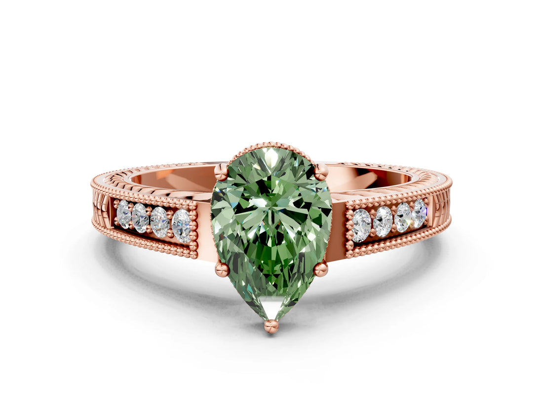 Rose gold Fancy Green Pear Cut Cut Diamond Milgrain Pave Band Four-Prong Setting Ring_3