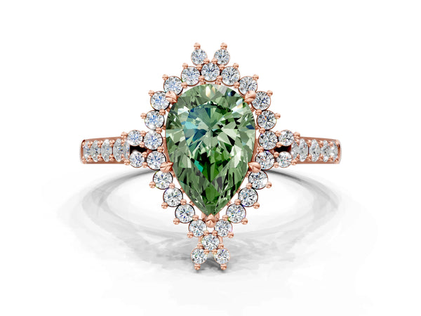 Rose gold Fancy Green Pear Cut Cut Diamond Sunburst Halo Engagement Ring with Pavé Band