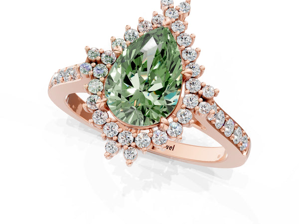 Rose gold Fancy Green Pear Cut Cut Diamond Sunburst Halo Engagement Ring with Pavé Band