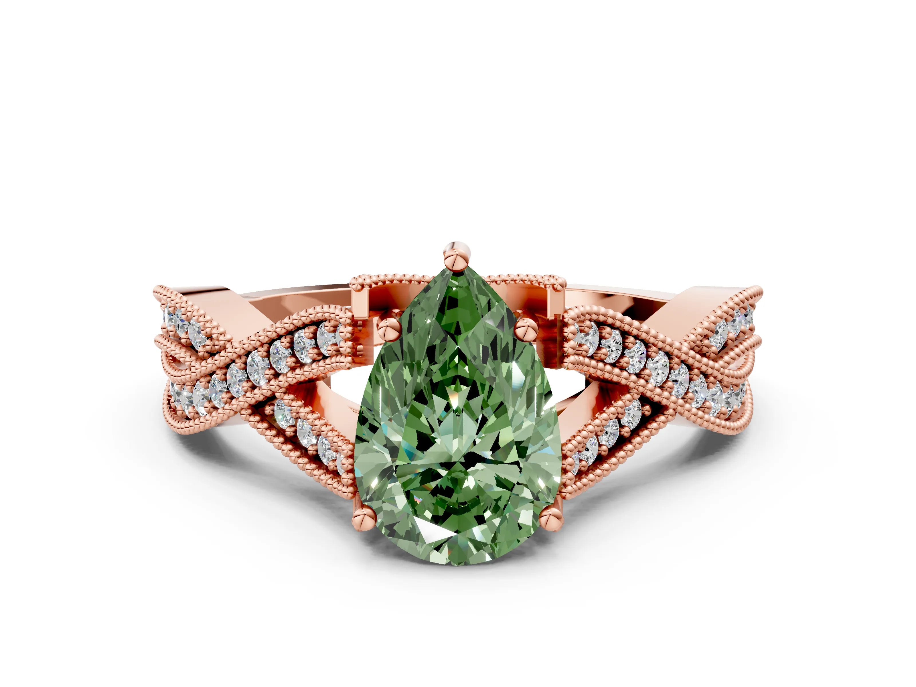 Rose gold Fancy Green Pear Cut Cut Diamond Twisted Band with Milgrain Pave Setting and Four-Prong Setting