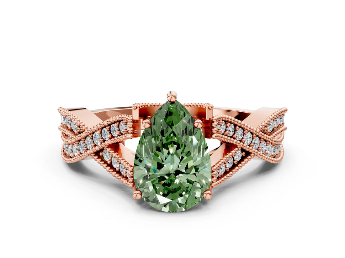 Rose gold Fancy Green Pear Cut Cut Diamond Twisted Band with Milgrain Pave Setting and Four-Prong Setting