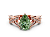 Rose gold Fancy Green Pear Cut Cut Diamond Twisted Band with Milgrain Pave Setting and Four-Prong Setting