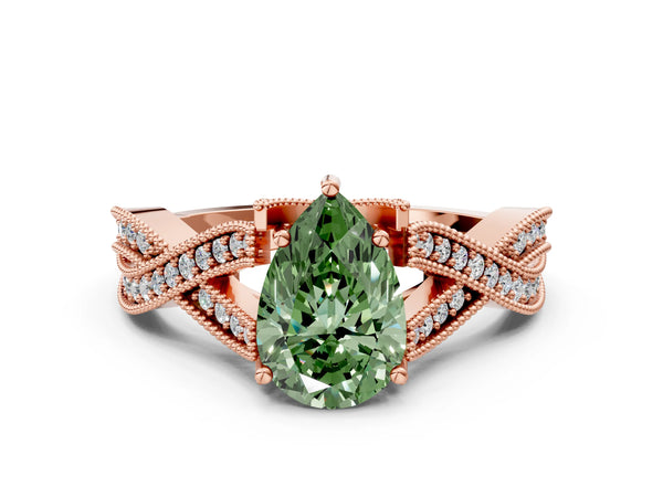 Rose Gold Pear-Shaped Graduated Pave Twist Engagement Ring Setting for Fancy Green Center