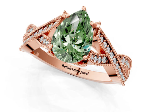 Rose gold Fancy Green Pear Cut Cut Diamond Twisted Band with Milgrain Pave Setting and Four-Prong Setting_1