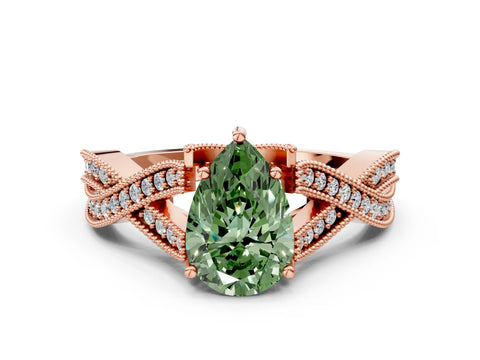 Rose gold Fancy Green Pear Cut Cut Diamond Twisted Band with Milgrain Pave Setting and Four-Prong Setting