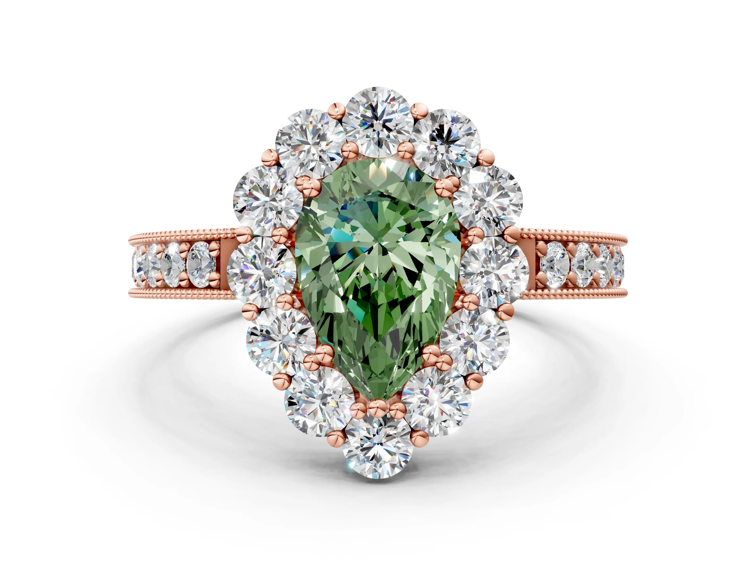Rose gold Fancy Green Pear Cut Cut Halo Diamond Pavé Engagement Ring with Milgrain Detailing