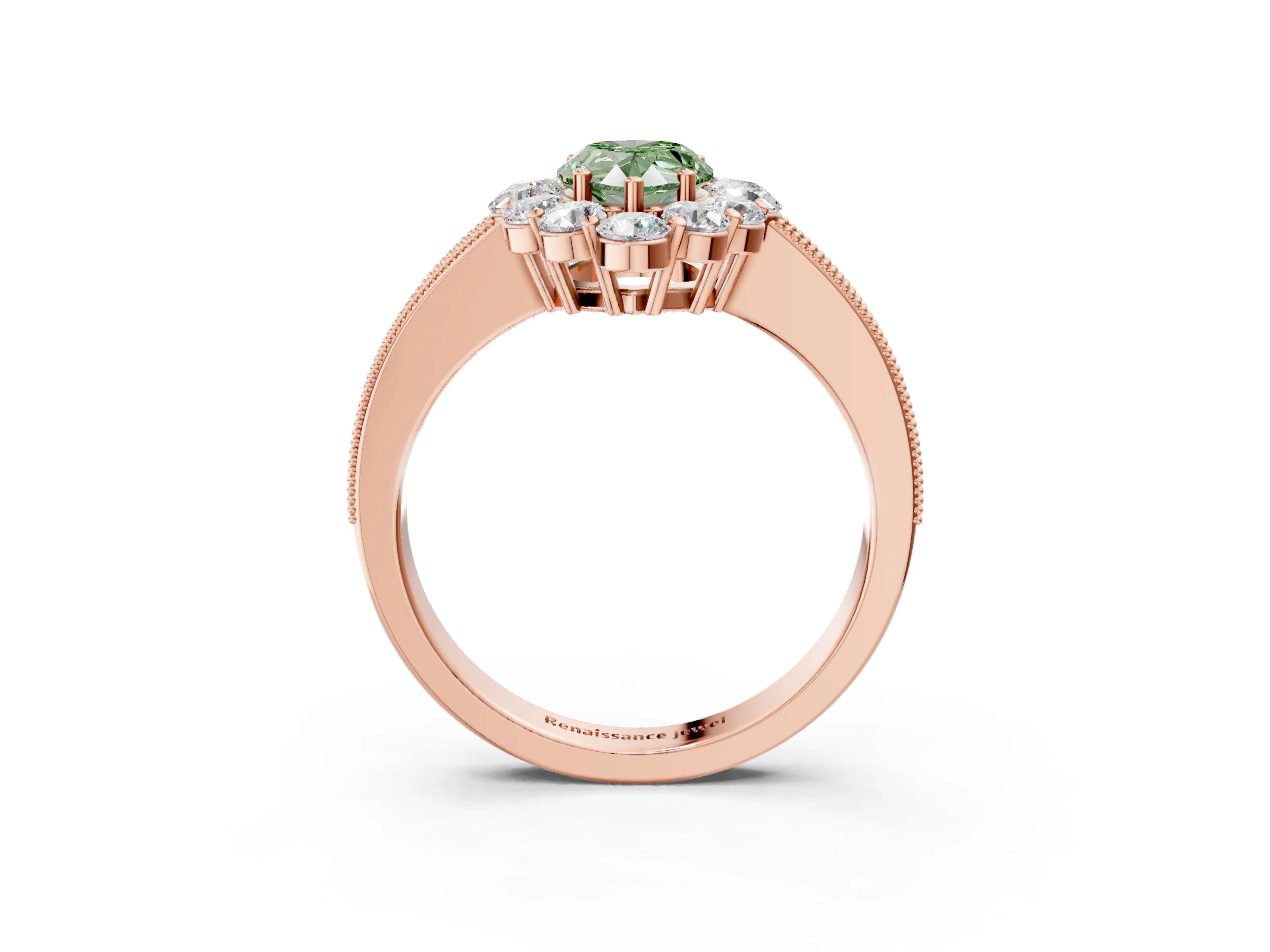 Rose gold Fancy Green Pear Cut Cut Halo Diamond Pavé Engagement Ring with Milgrain Detailing_3