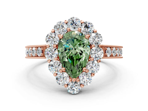 Rose gold Fancy Green Pear Cut Cut Halo Diamond Pavé Engagement Ring with Milgrain Detailing