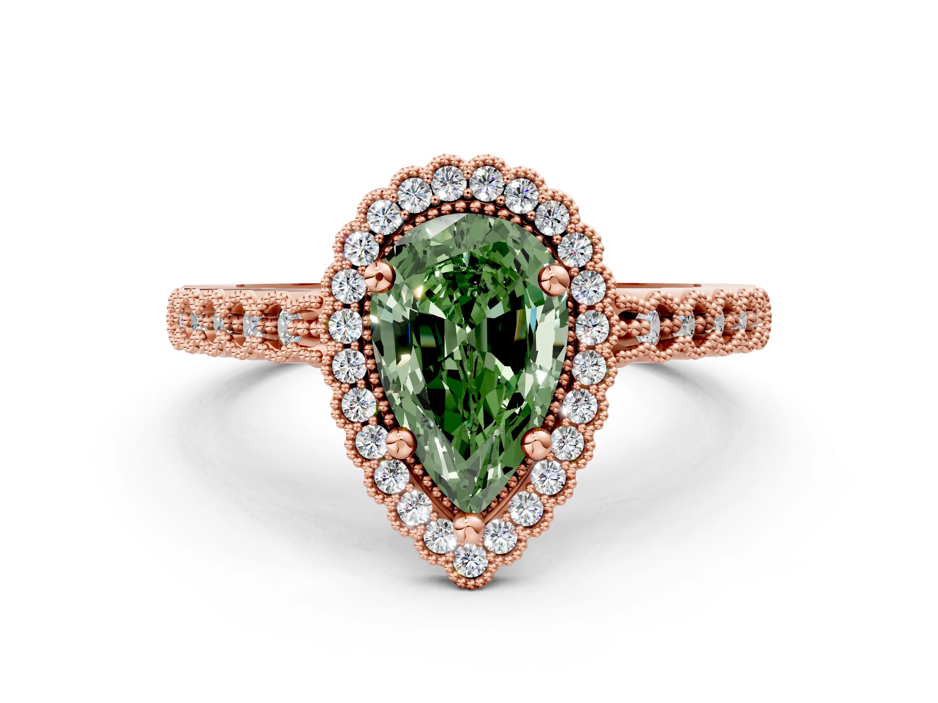 Rose gold Fancy Green Pear Cut Cut Halo Pavé Solitaire Ring with Milgrain Band