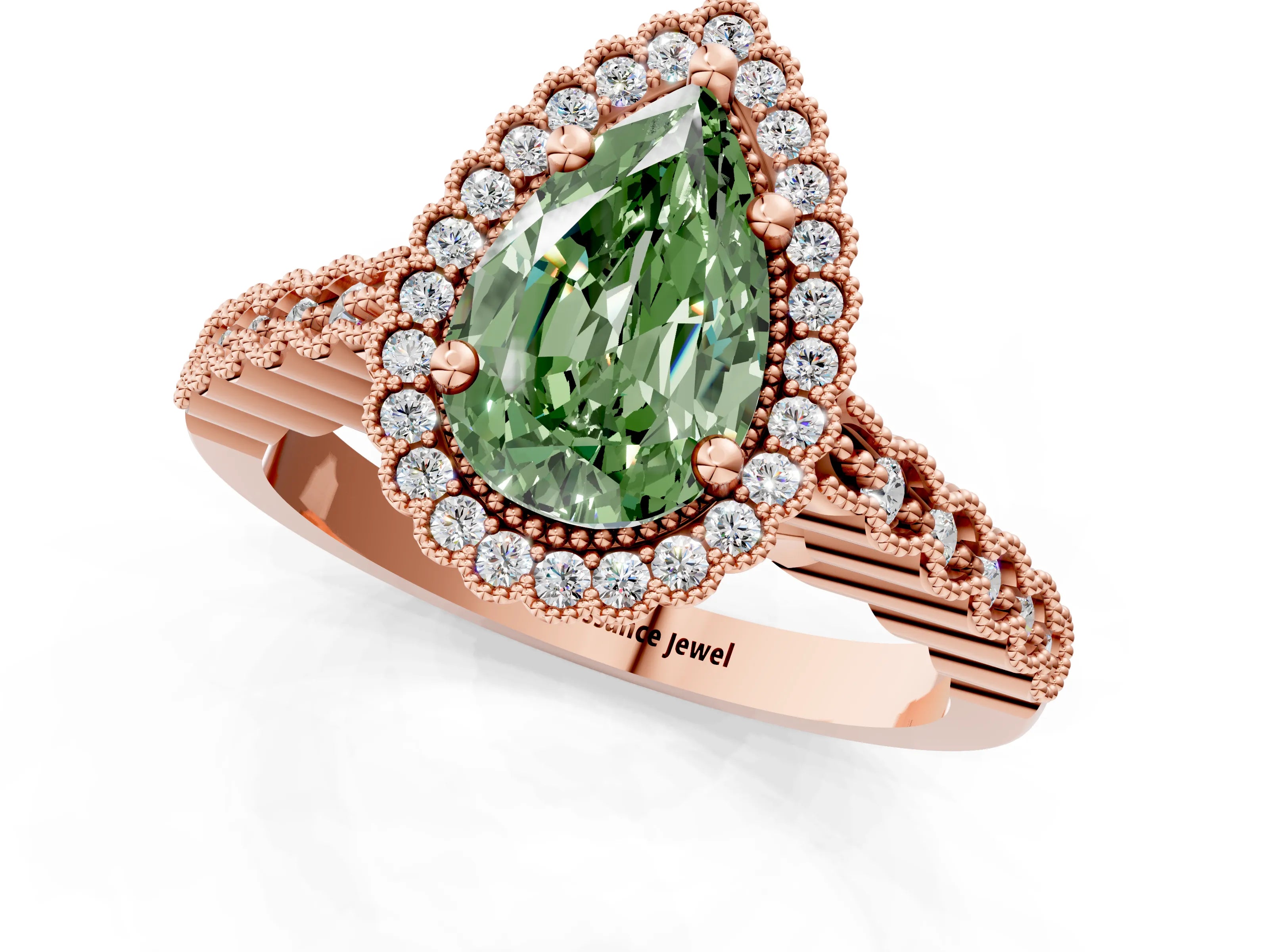 Rose gold Fancy Green Pear Cut Cut Halo Pavé Solitaire Ring with Milgrain Band_1
