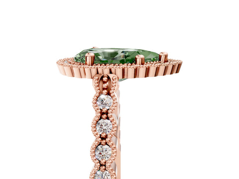 Rose gold Fancy Green Pear Cut Cut Halo Pavé Solitaire Ring with Milgrain Band_5