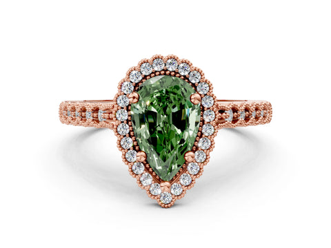 Rose gold Fancy Green Pear Cut Cut Halo Pavé Solitaire Ring with Milgrain Band