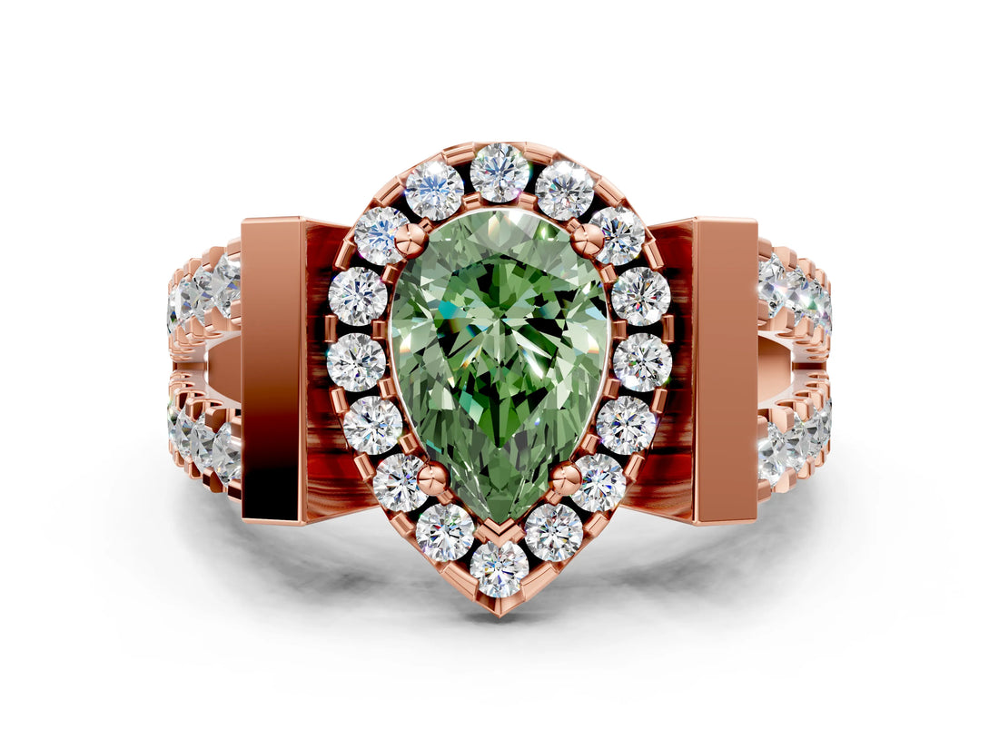 Rose gold Fancy Green Pear Cut Cut Halo Split Shank Prong Set Ring