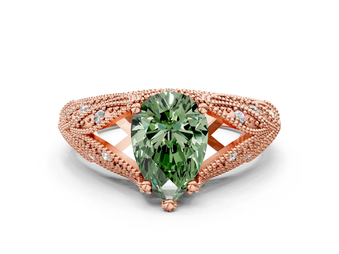 Rose gold Fancy Green Pear Cut Cut Milgrain Pave Diamond Engagement Ring with Four-Prong Setting_3