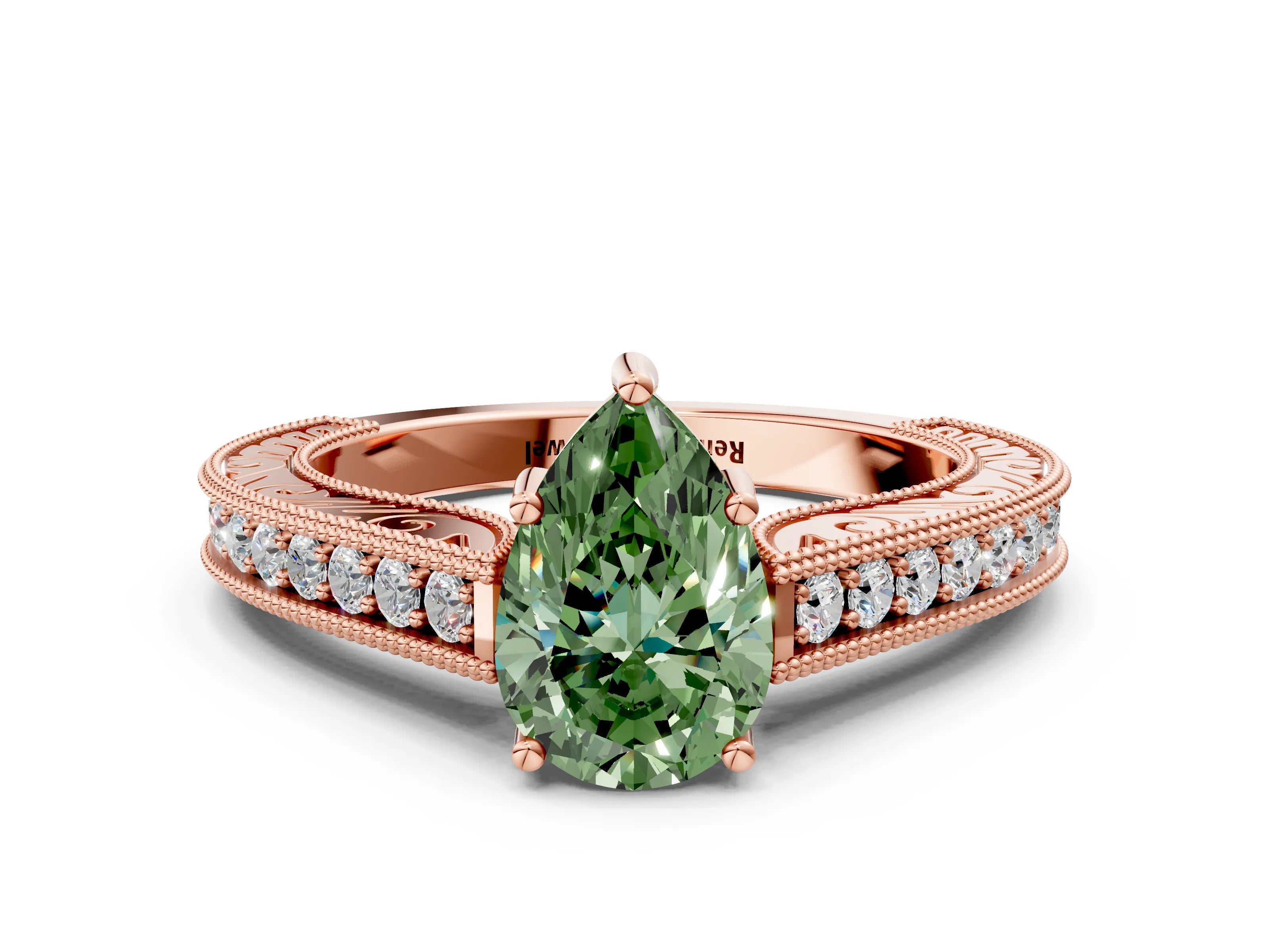 Rose gold Fancy Green Pear Cut Cut Pave Band Milgrain Solitaire Ring