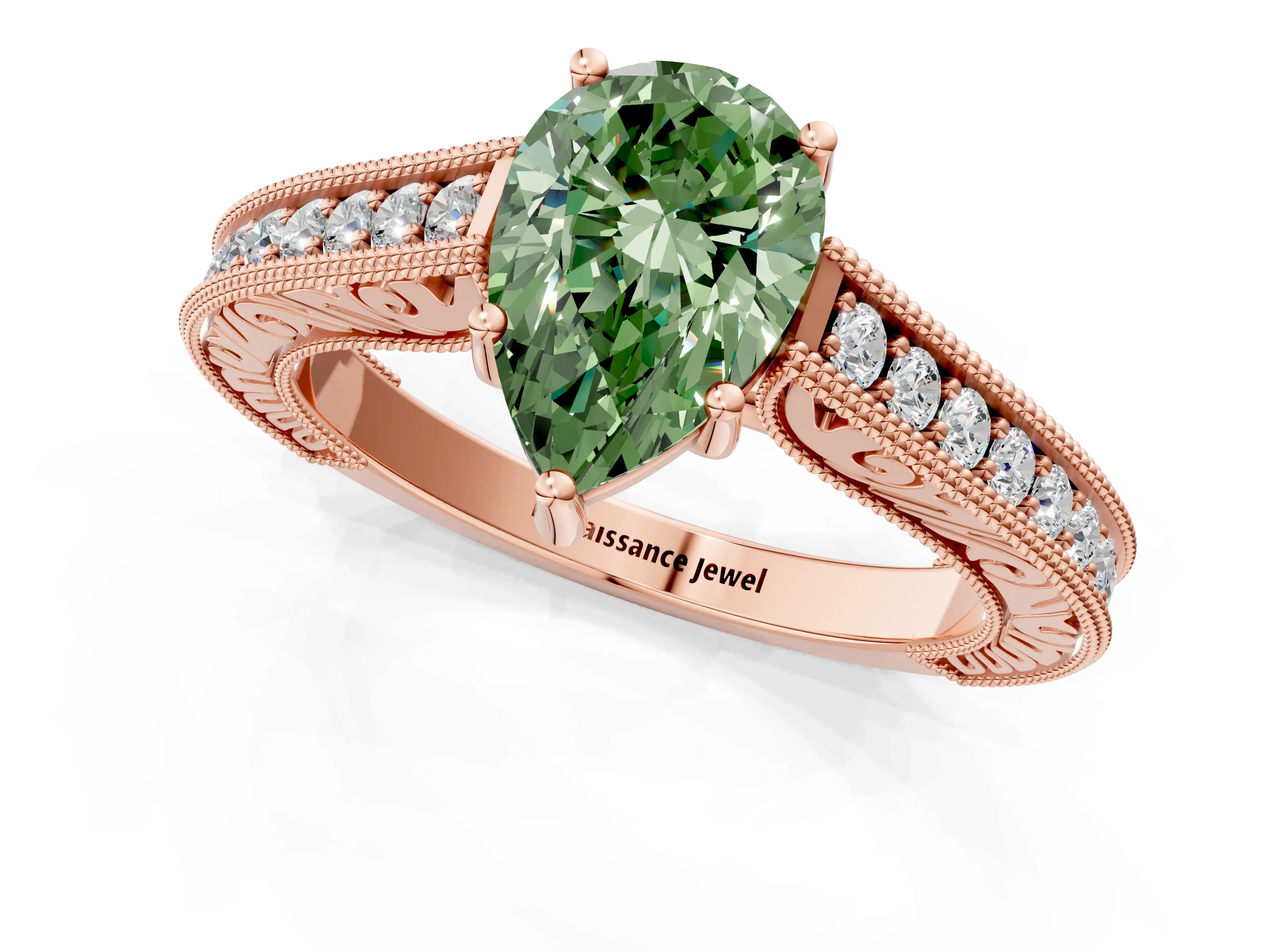 Rose gold Fancy Green Pear Cut Cut Pave Band Milgrain Solitaire Ring_1