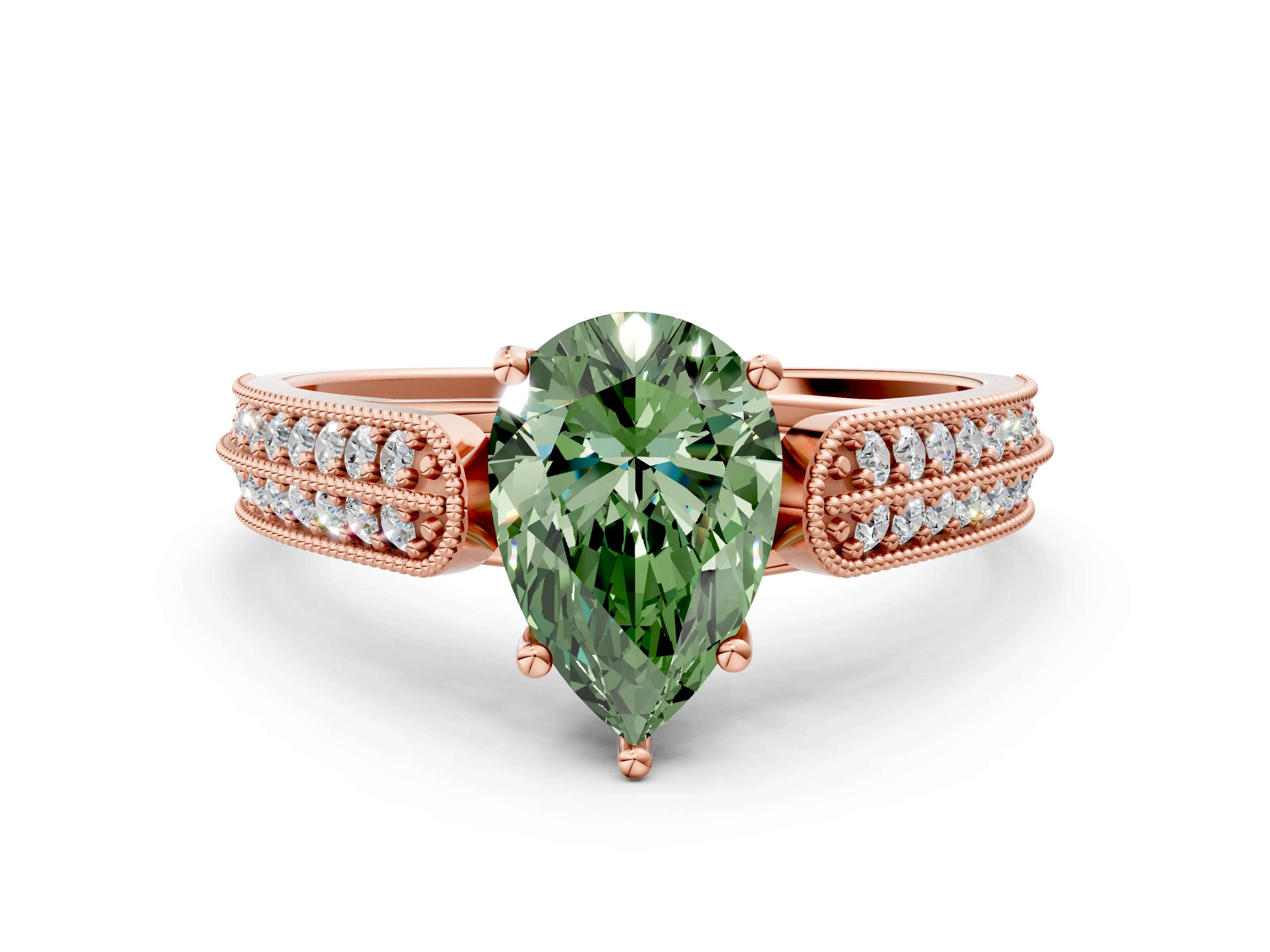 Rose gold Fancy Green Pear Cut Cut Pave Split Shank Engagement Ring with Four-Prong Setting
