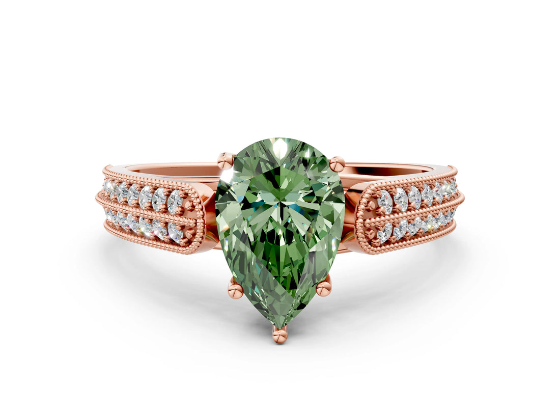 Rose gold Fancy Green Pear Cut Cut Pave Split Shank Engagement Ring with Four-Prong Setting
